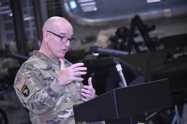 Maj. Gen. Rodney D. Fogg, CASCOM and Fort Lee commanding general, makes remarks to the audience during the CASCOM Chief Warrant Officer Change of Charter Ceremony Feb. 5 at the Ordnance Training Support Facility.