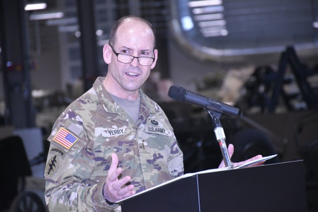 Outgoing Command Chief Warrant Officer 5 Jonathan O. Yerby addresses the audience during CASCOM Chief Warrant Officer Change of Charter Ceremony Feb. 5 at the Ordnance Training Support Facility.  Yerby was replaced by CW5 Danny K. Taylor.