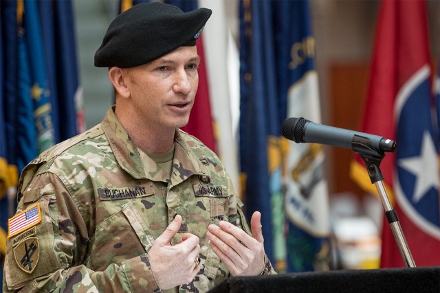 Lt. Col. Stephen Buchanan offers words of farewell as he leaves his temporary assignment as the Soldier Recovery Unit’s commander in a change of command ceremony at Madigan Army Medical Center on Joint Base Lewis-McChord, Wash., on Feb. 3.