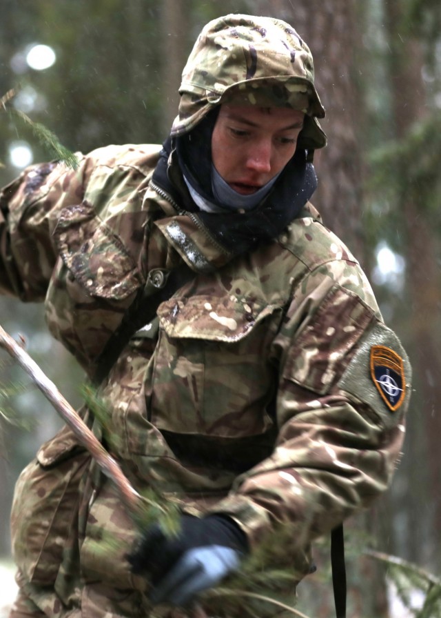 British Trooper from enhanced Forward Presence Battle Group-Poland gathers tree branches to help build a crude shelter during a cold weather operator's course Dec. 11, 2020 at Bemowo Piskie Training Area, Poland. (U.S. Army photo by Staff Sgt....