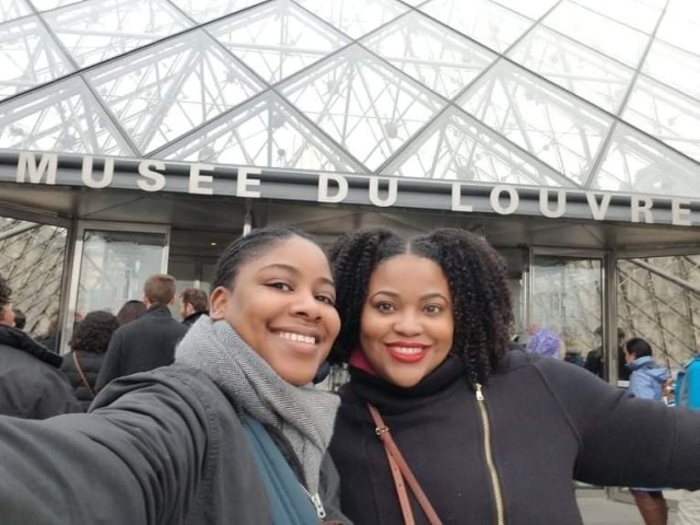 WIESBADEN, Germany – (right to left) Dr. Sturhonda James, Department of Defense cyber security specialist, and her fiancé, Shakima Bates, explore the Louvre Museum in Paris, France 2018.