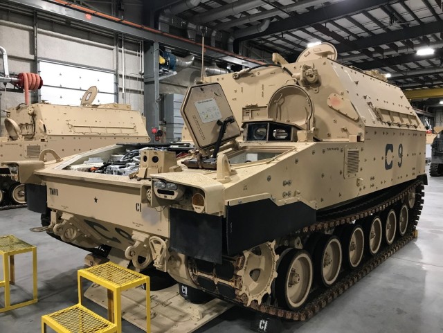 The M992A3 Carrier Ammunition Tracked (CAT) in the maintenance bay at the U.S. Army Ordnance School, Fort Lee, Virginia.