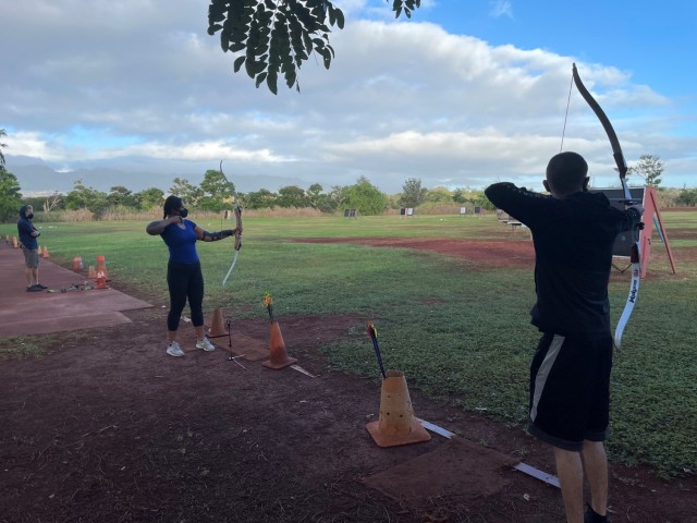 Sgt. Sialofioaana “Lofi” Meredith (left) and Spc. Oliver Kingsley (right) practiced archery on Jan. 14, 2021 at the Waipio Archery Range in Hawaii. The Soldiers participate in the Schofield Barracks Soldier Recovery Unit’s archery program as...