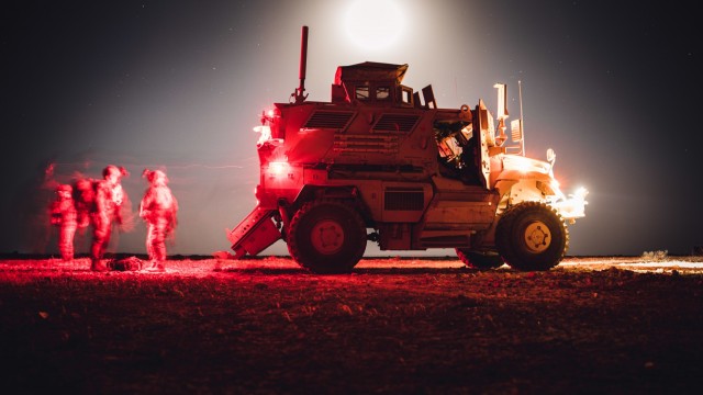 U.S. Soldiers assigned to the 2nd Battalion, 508th Parachute Infantry Regiment (TF West), 2nd Brigade, 82nd Airborne Division, exit a MRAP-All Terrain Vehicle (M-ATV) at Al Asad Air Base, Iraq, July 30, 2020. The 2nd Brigade is deployed to Iraq in support of Combined Joint Task Force-Operation Inherent Resolve. (U.S. Army photo by Spc. Khalil Jenkins)