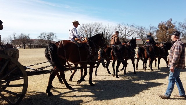 The Fort Sill Artillery Half Section sets off from the Old Post Quadrangle Feb. 2, 2021, to return to the stables down Randolph Road. They practiced moving in big laps on the parade field just as they would at a faster pace during a ceremony.  The...