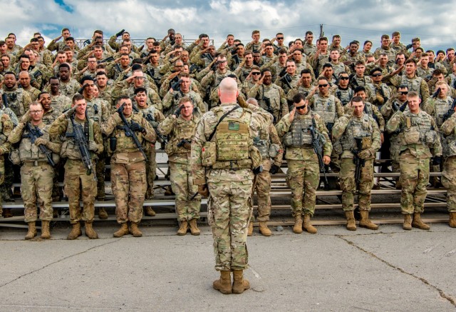 Lt. Col. James Raines, commander of 2nd Battalion, 18th Field Artillery Regiment, 75th Field Artillery Brigade, renders and receives a salute after completing a weeklong external evaluation March 29, 2019, on Fort Sill, Okla. Commanders can now use an updated version of the Defense Organizational Climate Survey, or DEOCS 5.0, that provides an evidence-based feedback tool to help them identify and intervene against a variety of areas critical to command climate, including destructive behaviors, such as sexual harassment, sexual assault, and associated retaliation. 