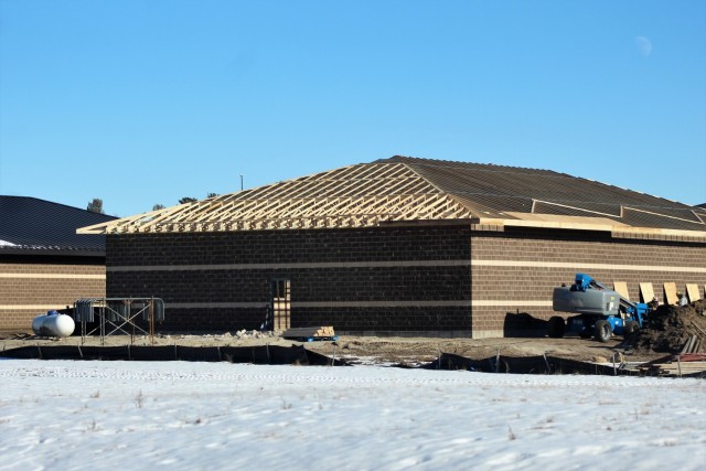 Work on a new simulations building is shown Jan. 22, 2021, in the 200 block of the cantonment area at Fort McCoy, Wis. The construction of this facility is by Contractor MDM Construction Supply of Rockford, Ill. This is the same contractor that...