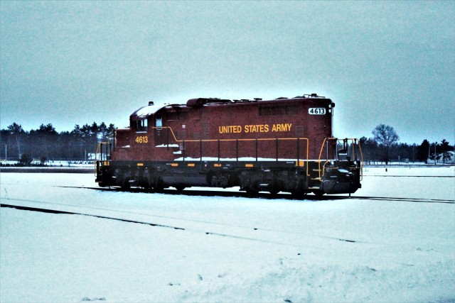 A U.S. Army locomotive used as part of rail operations is shown Jan. 26, 2021, at Fort McCoy, Wis. For the many decades of Fort McCoy’s existence, the capability to transport cargo and equipment to and from the installation by rail has always...
