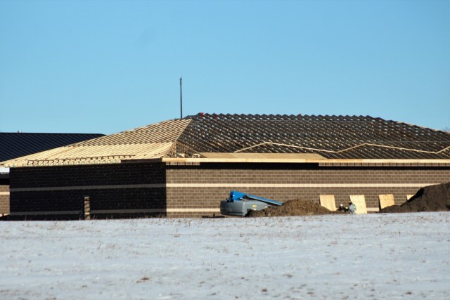 Work on a new simulations building is shown Jan. 22, 2021, in the 200 block of the cantonment area at Fort McCoy, Wis. The construction of this facility is by Contractor MDM Construction Supply of Rockford, Ill. This is the same contractor that...