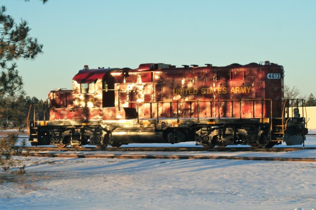 A U.S. Army locomotive used as part of rail operations is shown Jan. 21, 2021, at Fort McCoy, Wis. For the many decades of Fort McCoy’s existence, the capability to transport cargo and equipment to and from the installation by rail has always...