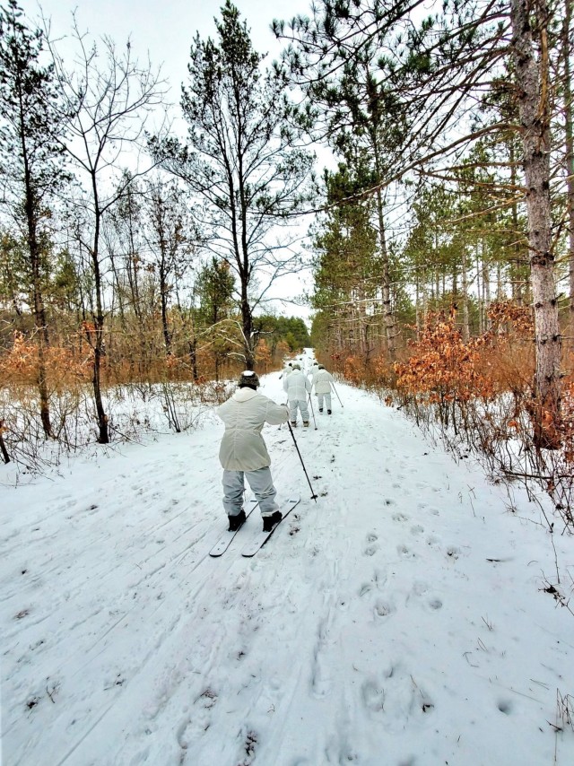 Students in Cold-Weather Operations Course (CWOC) class 21-01 practice skiing Jan. 8, 2021 on a trail in Pine View Recreation Area at Fort McCoy, Wis. Skiing is one of several skills taught as part of the course. The course covers a wide variety...