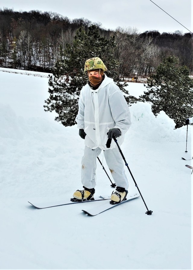 A student in Cold-Weather Operations Course (CWOC) class 21-01 practices skiing Jan. 8, 2021, at Whitetail Ridge Ski Area at Fort McCoy, Wis. Skiing is one of several skills taught as part of the course. The course covers a wide variety of...