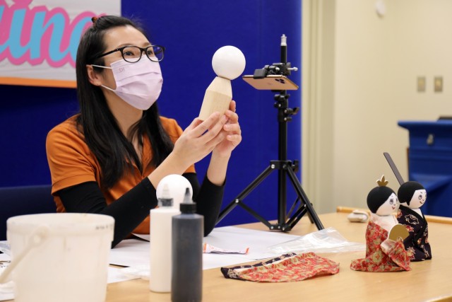 Sabrina Tsai, manager of the Camp Zama Arts and Crafts Center, teaches a virtual class on how to make Japanese “Hinamatsuri” dolls at the Camp Zama Library, Camp Zama, Japan, Feb. 9.