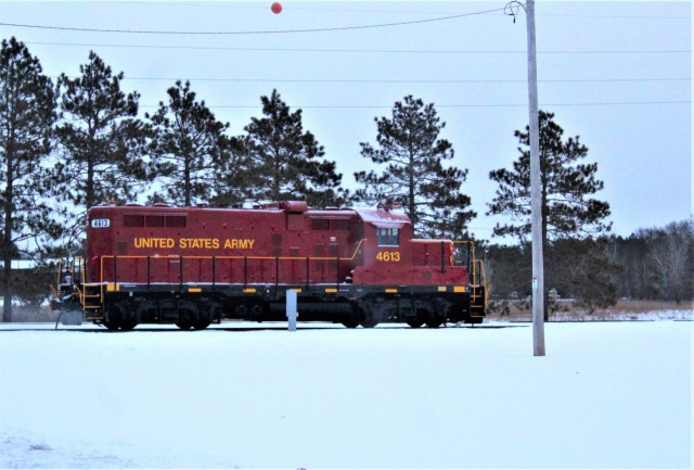 A U.S. Army locomotive used as part of rail operations is shown Jan. 26, 2021, at Fort McCoy, Wis. For the many decades of Fort McCoy’s existence, the capability to transport cargo and equipment to and from the installation by rail has always...