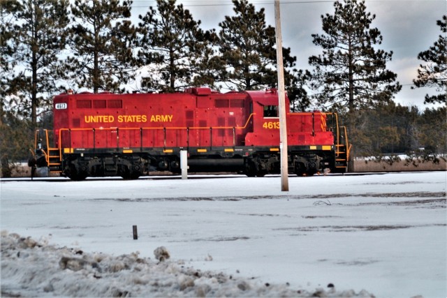 A U.S. Army locomotive used as part of rail operations is shown Jan. 21, 2021, at Fort McCoy, Wis. For the many decades of Fort McCoy’s existence, the capability to transport cargo and equipment to and from the installation by rail has always...