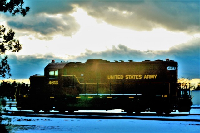 A U.S. Army locomotive used as part of rail operations is shown Jan. 21, 2021, at Fort McCoy, Wis. For the many decades of Fort McCoy’s existence, the capability to transport cargo and equipment to and from the installation by rail has always...