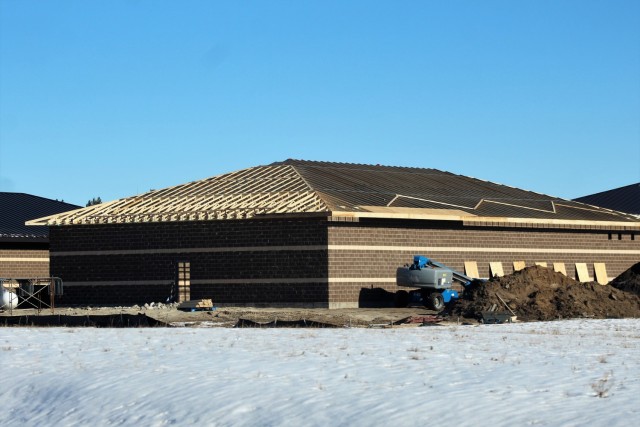 Work on a new simulations building is shown Jan. 22, 2021, in the 200 block of the cantonment area at Fort McCoy, Wis. The construction of this facility is by Contractor MDM Construction Supply of Rockford, Ill. This is the same contractor that...