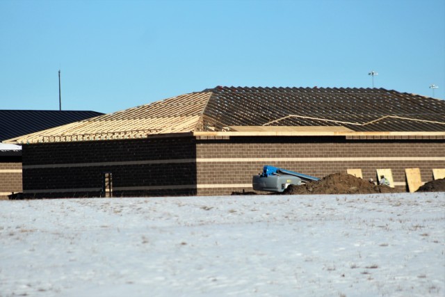 Work on a new simulations building is shown Jan. 22, 2021, in the 200 block of the cantonment area at Fort McCoy, Wis. The construction of this facility is by Contractor MDM Construction Supply of Rockford, Ill. This is the same contractor that...