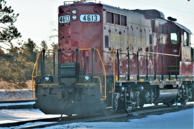 A U.S. Army locomotive used as part of rail operations is shown Jan. 21, 2021, at Fort McCoy, Wis. For the many decades of Fort McCoy’s existence, the capability to transport cargo and equipment to and from the installation by rail has always...