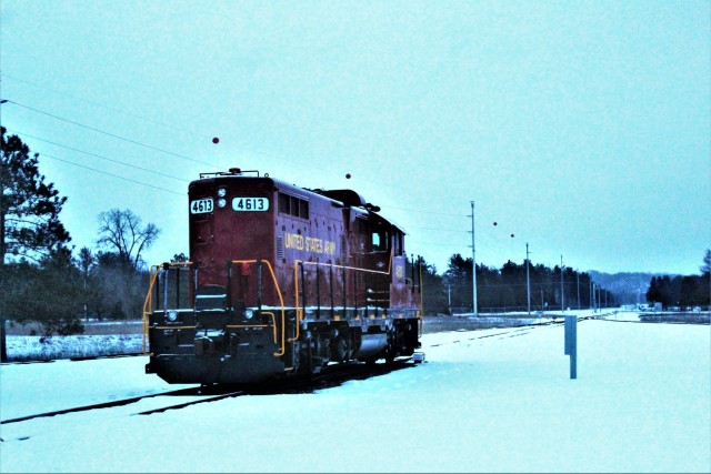 A U.S. Army locomotive used as part of rail operations is shown Jan. 26, 2021, at Fort McCoy, Wis. For the many decades of Fort McCoy’s existence, the capability to transport cargo and equipment to and from the installation by rail has always...