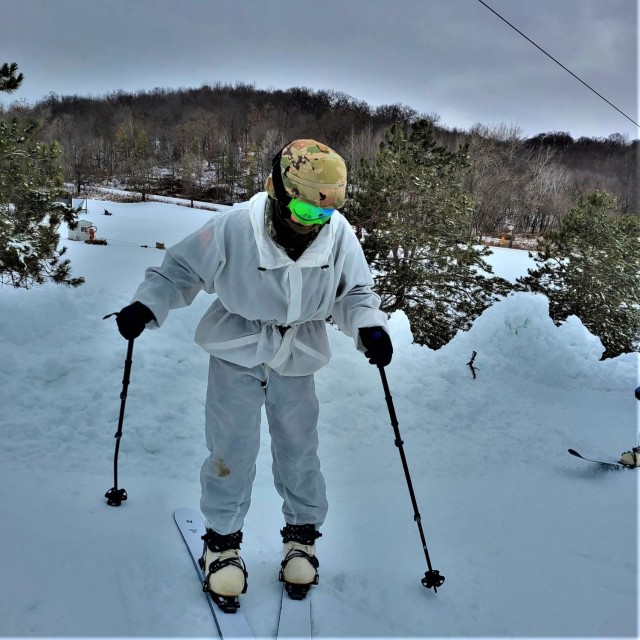A student in Cold-Weather Operations Course (CWOC) class 21-01 practices skiing Jan. 8, 2021, at Whitetail Ridge Ski Area at Fort McCoy, Wis. Skiing is one of several skills taught as part of the course. The course covers a wide variety of...