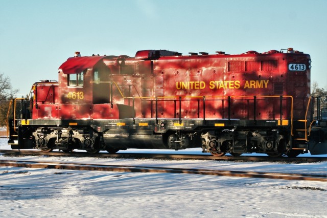 A U.S. Army locomotive used as part of rail operations is shown Jan. 21, 2021, at Fort McCoy, Wis. For the many decades of Fort McCoy’s existence, the capability to transport cargo and equipment to and from the installation by rail has always...
