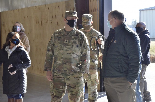 Lieutenant Colonel Sean “Seamus” R. Wilson, commander of Army Field Support Battalion-Campbell, shares details about the new individual chemical equipment facility, or IceFAC, warehouse Feb. 5 during a tour following a ribbon cutting.