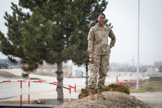 Pfc. Sokhna Khadija Mbacke, a human resources specialist in the 2nd Brigade Combat Team, 34th Infantry Division, Iowa Army National Guard, poses for a photo Feb. 3, 2021, at Camp Maréchal de Lattre de Tassigny in Kosovo. Mbacke is currently deployed to Kosovo in support of Regional Command-East, Kosovo Force. (U.S. Army National Guard photo by Sgt. Zachary M. Zippe)