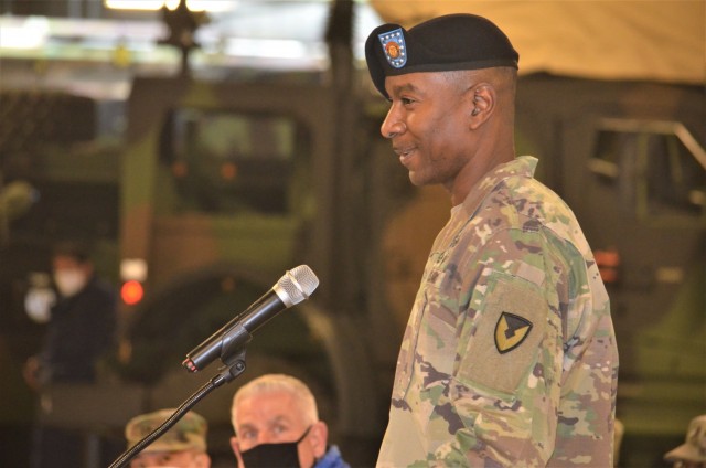 Command Sgt. Maj. Christopher J. Reaves, new command sergeant major of the 403rd AFSB, presents remarks to those in attendance and viewing remotely, during the brigade’s change of responsibility ceremony at Camp Carroll, South Korea, Feb. 10.