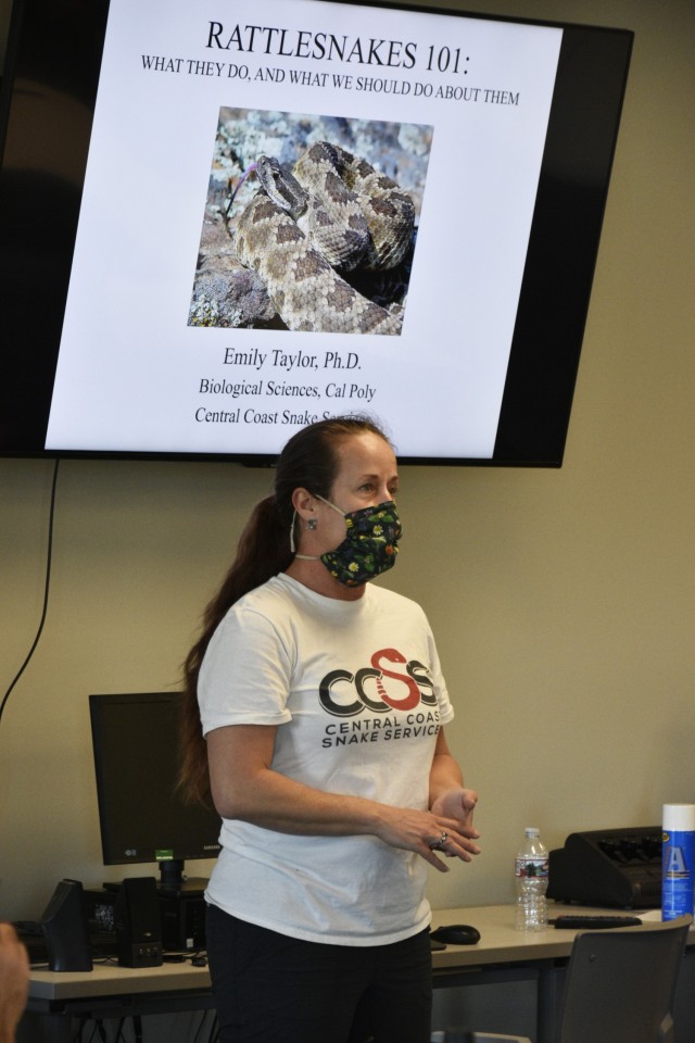 A class in handling, relocating, and understanding rattlesnakes was given in the Directorate of Emergency Services classroom on Fort Hunter Liggett, California, Feb. 8, 2021. Dr. Emily Taylor, professor of herpetology and biological sciences at California Polytechnic State University (Cal Poly) in San Luis Obispo, taught the class and guided students with hands-on training on safely capturing and relocating a live rattlesnake. They also had a chance to touch the snake once its head was safely in a tube. They received a certificate on safe handling of a rattlesnake.