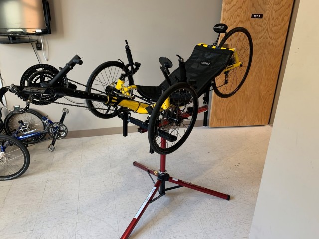 A recumbent bike is set up on a stand and ready for maintenance at the Fort Bragg SRU in North Carolina. (Photo by Lee Whitford)