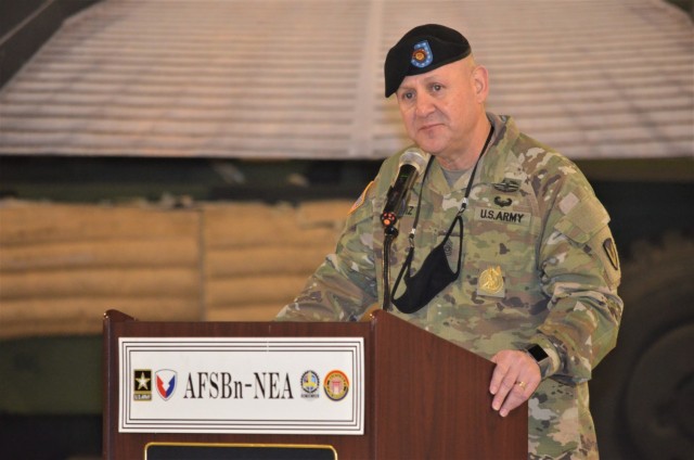 Command Sgt. Maj. John G. Ruiz, retiring command sergeant major of the 403rd AFSB, presents remarks to those in attendance and viewing remotely, during the brigade’s change of responsibility ceremony at Camp Carroll, South Korea, Feb. 10.