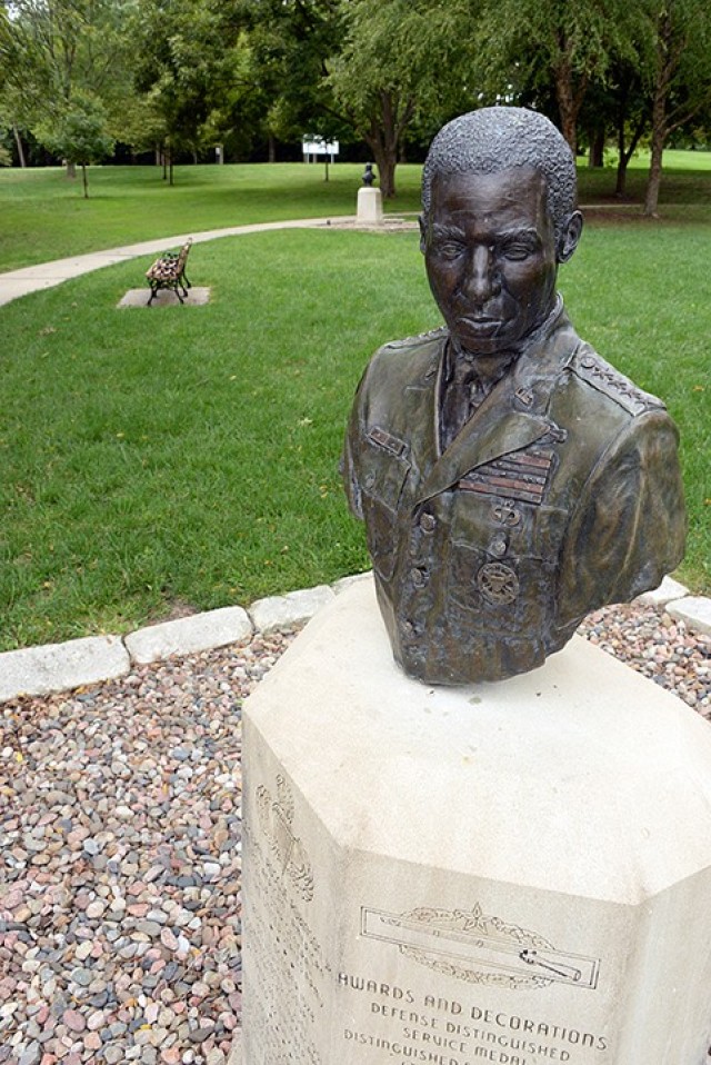 The Circle of Firsts, near the Buffalo Soldier Monument, includes the bust of Gen. Roscoe Robinson Jr., the first African-American four-star general. Photo by Prudence Siebert/Fort Leavenworth Lamp