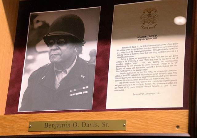 Benjamin O. Davis Sr.’s shadowbox, containing his photograph and biography, hangs in the Fort Leavenworth Hall of Fame outside Eisenhower Auditorium at the Lewis and Clark Center. Photo by Prudence Siebert/Fort Leavenworth Lamp