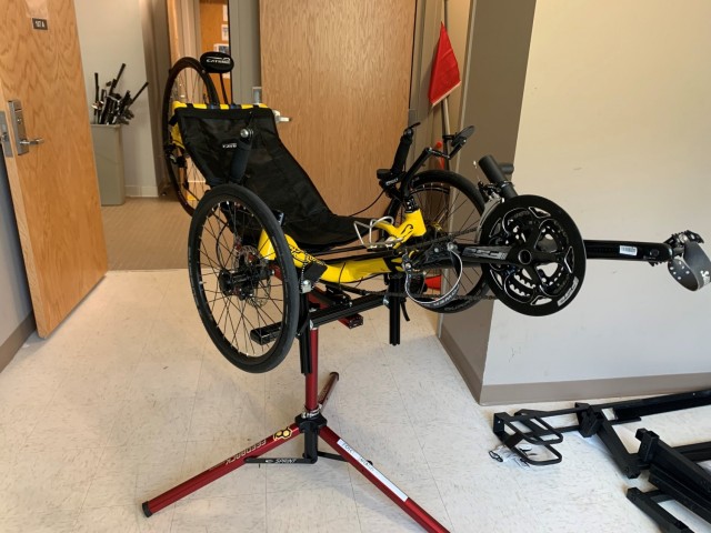 A recumbent bike is set up on a stand and ready for maintenance at the Fort Bragg SRU in North Carolina. (Photo by Lee Whitford)