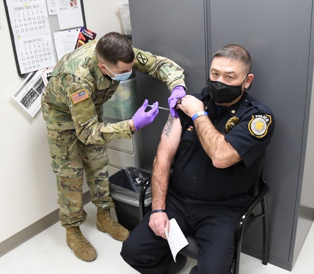 Fort Drum Police Chief Todd Julian was among the fire and law enforcement personnel to visit Guthrie Ambulatory Health Care Clinic on Jan. 12 to receive the COVID-19 vaccination during the first week of the phased vaccine distribution plan. (Photo...