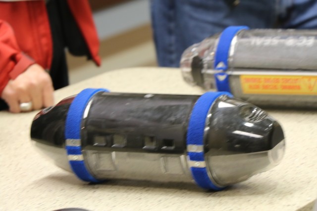 A canister from the pneumatic tube system is displayed during a vendor fair held by William Beaumont Army Medical Center at the new facility, Jan. 11. The tube-linked system sends canisters to the receiving station, containing lab samples from...