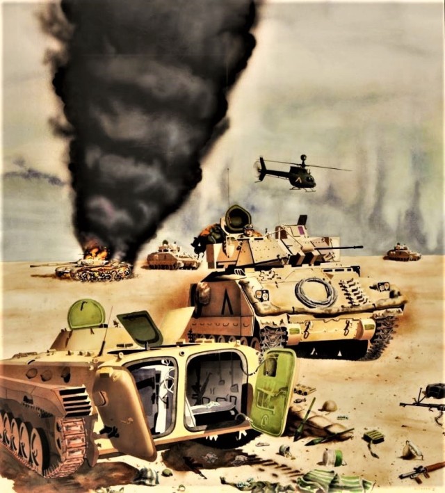 In Marion Acevedo’s 1991 watercolor on paper, The Cavalry Advances, M3 Bradley Fighting Vehicles from a VII Corps cavalry unit pass by destroyed Iraqi armored vehicles. (Army Art Collection/Marion Acevedo)