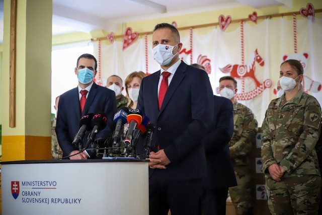 Marian Majer, State Secretary of the Minister of Defense of the Slovak Republic, briefs the crowd during a ceremony held in Martin, Slovakia, on February 12, 2021. Soldiers from the 432nd Civil Affairs Battalion along with their counterparts in...