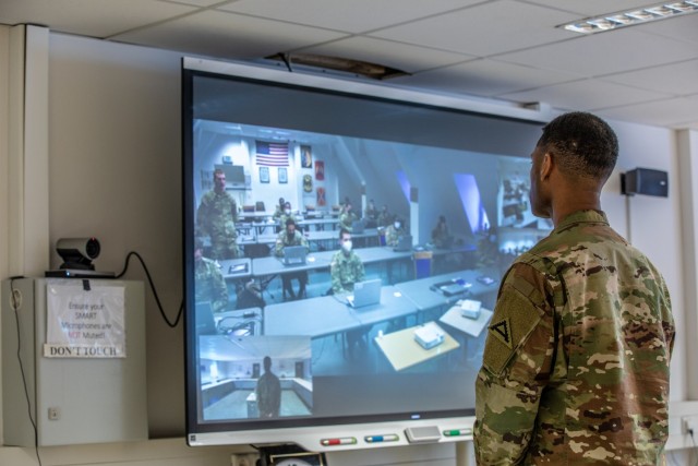 U.S. Army Staff Sgt. Marcel Sessoms, instructor at the 7th Army Noncommissioned Officer Academy, listens to Basic Leader Course students providing feedback during scenario-based questions at Camp Normandy, Grafenwoehr Training Area, Germany, on...