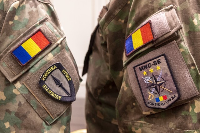 Unit patches of NATO’s Allied Rapid Reaction Corps and Multinational Corps Southeast during a senior leader academics seminar in Bucharest, Romania, Jan. 22, 2021, to explore warfighting concepts as MNC-SE prepares for a Defender Europe 21...