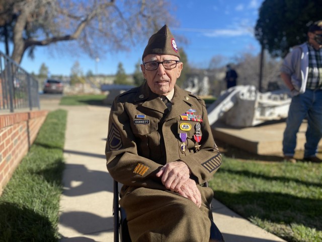 Sgt. 1st Class Marvin D. Cornett was awarded the Purple Heart and Bronze Star Medal during a ceremony in Auburn, Calif., Feb. 22, 2021. Cornett was assigned to Headquarters Company, 1st Battalion, 504th Parachute Infantry Regiment, 82nd Abn. Div. when he made the combat jump into Salerno, Italy and was later wounded during combat operations along the Mussolini Canal at the Anzio beachhead on Dec. 31, 1944. (U.S. Army photo by Lt. Col. Michael Burns)