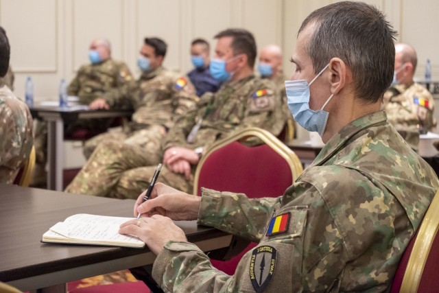 Romanian officers serving with NATO’s Allied Rapid Reaction Corps and Multinational Corps Southeast explore warfighting concepts at a senior leader academics seminar in Bucharest, Romania, Jan. 22, 2021, as MNC-SE prepares for a Defender Europe...
