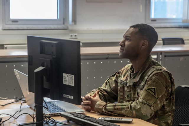 U.S. Army Staff Sgt. Marcel Sessoms, instructor at the 7th Army Noncommissioned Officer Academy, listens to Basic Leader Course students providing feedback during scenario-based questions at Camp Normandy, Grafenwoehr Training Area, Germany, on...