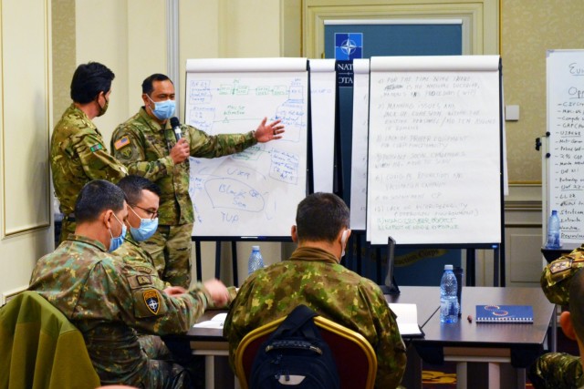 U.S. Army Lt. Col. Arnel David, an army strategist serving at NATO’s Allied Rapid Reaction Corps, in the United Kingdom, explores warfighting concepts with multinational troops during a senior leader academics seminar in Bucharest, Romania, Jan....