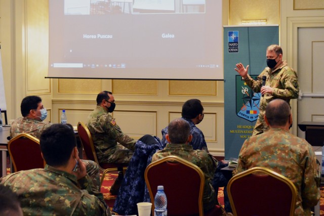 U.S. Army Brig. Gen. Matthew Van Wagenen, deputy chief of staff for operations of NATO’s Allied Rapid Reaction Corps in the United Kingdom, shares warfighting concepts with multinational troops during a senior leader academics seminar in...