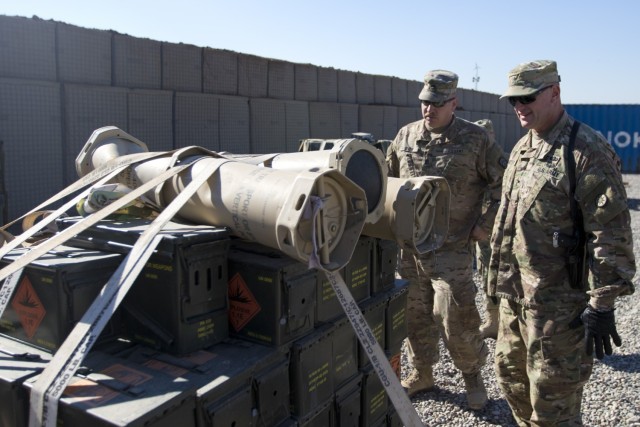 Brig. Gen. Robert D. Harter, deputy commanding general of the 1st Sustainment Command (Theater) / commanding general of the 316th Sustainment Command (Expeditionary), inspects the multi-national ammunition supply depot at Erbil, Iraq, on February...