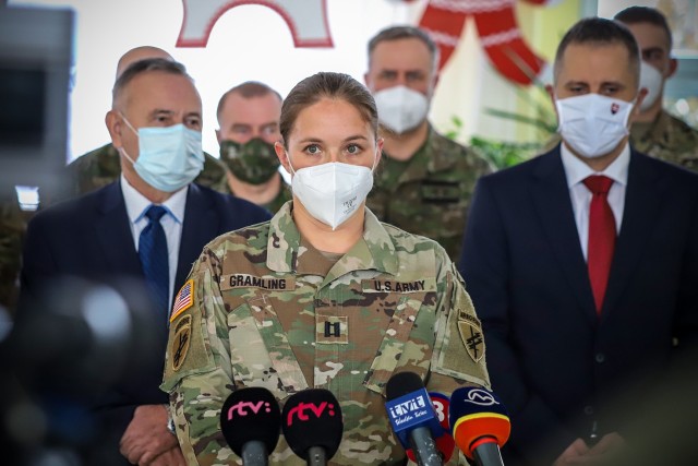 Capt. Madeline Gramling, 3232nd Civil Affairs Team commander, addresses the crowd during a ceremony in Martin, Slovakia, on February 12, 2021. Soldiers from the 432nd Civil Affairs Battalion along with their counterparts in the Slovak military...