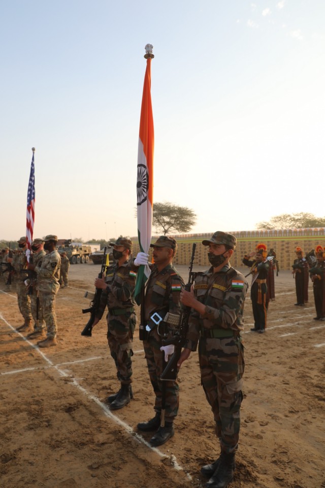Soldiers of the Indian and U.S. armies mark the conclusion of Exercise Yudh Abhyas, Feb. 21, 2021 in India. Now in its 16th year, Yudh Abhyas builds on the enduring Indian-U.S. partnership through 14 days of combined field training, cultural exchange and a brigade-level command post exercise, leading to greater interoperability between the two nations, in support of a free and open Indo-Pacific. (Photo by Staff Sgt. Joe Tolliver, 1-2 Stryker Brigade Combat Team public affairs)