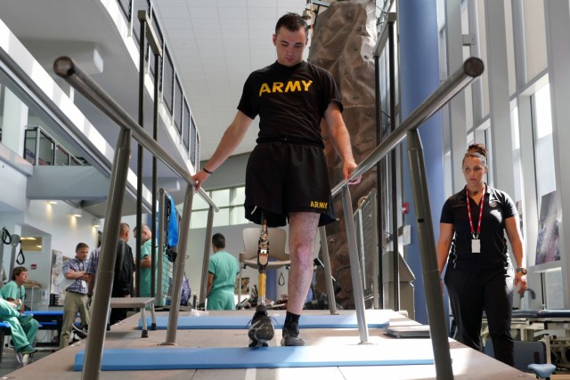 Army Spc. Ezra Maes undergoes physical rehabilitation at the Center for the Intrepid, Brooke Army Medical Center’s cutting-edge rehabilitation center at Joint Base San Antonio-Fort Sam Houston, Texas, Oct. 2, 2019.